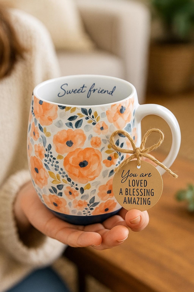 May include: White ceramic mug with orange floral pattern and the words "Sweet friend" on the rim. A brown tag tied to the handle reads "You are LOVED A BLESSING AMAZING". The mug is held in a person's hand.