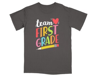 Team First Grade Teacher Shirt, Back to School Rainbow Pencil Tee