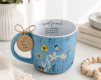 Sweet Friend Mug | Blue Floral Bird Proverbs 27:9 Christian Coffee Cup