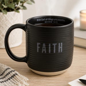Matte Black Ceramic Faith Mug | Matthew 19:26 Bible Verse Scripture