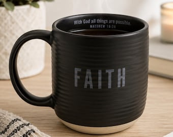 Matte Black Ceramic Faith Mug | Matthew 19:26 Bible Verse Scripture