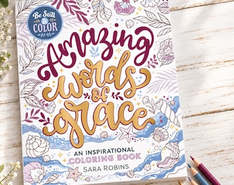 Christian Coloring Book Gift Set with 12 Colored Pencils & Encouragement Cards, Amazing Words of Grace, Gift for Her