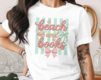 Strand- och böcker-t-shirt, sommarläsningsälskare-t-shirt, retrografisk bokmal-tröja