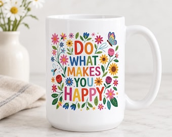 Floral Heart Typography Mug | Garden Cheer, Uplifting Message Ceramic Cup