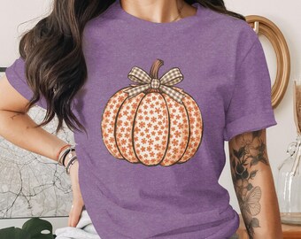 Blommig pumpa-t-shirt med rosett, hösttröja med grafisk design