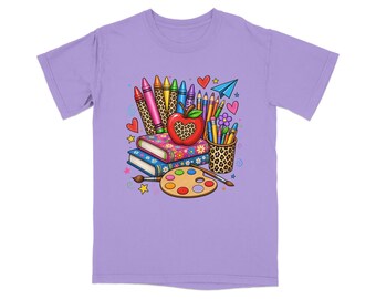Leopard Print Teacher T-Shirt, School Supplies Graphic Tee, Art Educator Apparel