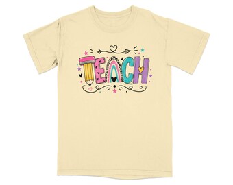 Teach Rainbow Leopard Pencil T-Shirt, Boho Educator Graphic Tee
