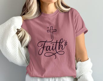 Christian Faith Cross T-Shirt, Elegant Script Graphic Tee, Minimalist Religious Apparel