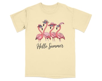 Camiseta Hello Summer Flamingo, camiseta para vacaciones en la playa tropical, top de viaje para chicas