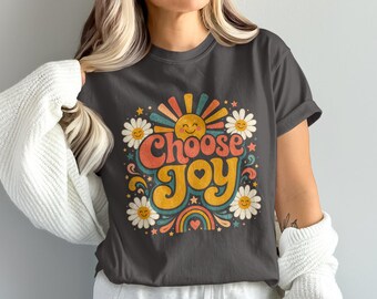 Choose Joy Daisy Sunshine T-Shirt, Groovy Retro Boho Happy Face Flower Tee