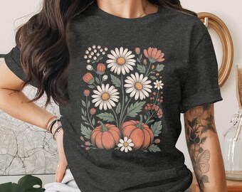 Höstpumpa-prästkrage-blommig t-shirt | Vintage botanisk Cottagecore-t-shirt