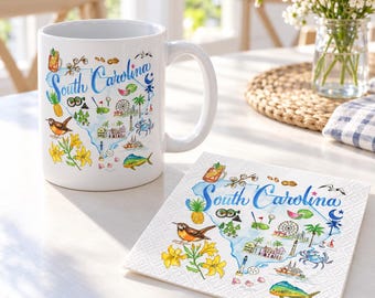 South Carolina Watercolor Map Mug and Napkin Set, Coastal Scene Gift