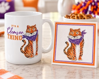 Clemson Tiger Mug and Napkin Set, Orange Purple Game Day Gift