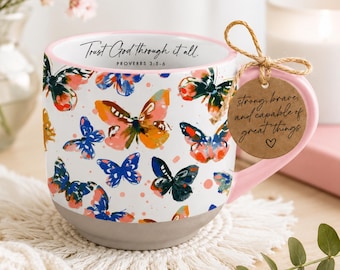 Watercolor Butterfly Ceramic Mug, Pink Floral Christian Inspirational Gift