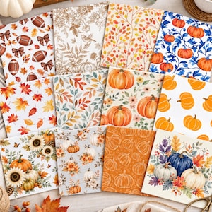 May include: A collection of twelve square napkins featuring various autumn-themed patterns including footballs, brown line-art pumpkins, colorful fall leaves, orange pumpkins on blue vines, sunflowers, and white, orange, and blue pumpkins.