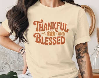 Thankful Blessed Groovy Pumpkin T-Shirt, Retro Fall Thanksgiving Tee