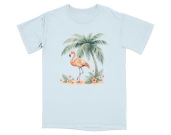 Camiseta con estampado de flamencos y palmeras en acuarela, camiseta para vacaciones en la playa tropical, camiseta con ambiente isleño de verano.