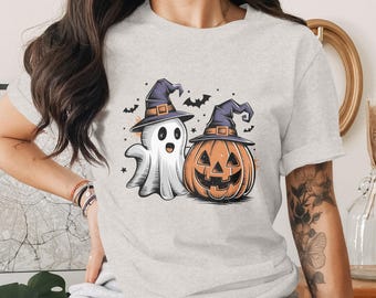 Halloween-t-shirt med spökpumpa och häxhatt, läskig säsongsgrafik