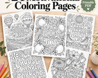 24 Motivational Coloring Pages for Adults, Floral Doodle Bundle (PDF Download)