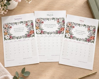 2027 Floral Wall Calendar, Botanical Illustrations, Motivational Messages (Digital Download)
