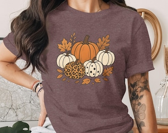 Höstpumpa-t-shirt | Leopardprickig pumpa-löv-t-shirt
