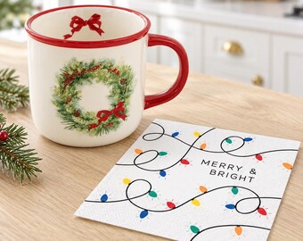 Christmas Wreath Mug, Red Bow, Merry & Bright Napkins (Holiday Set)