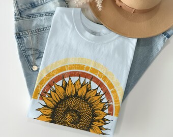 Sunflower Retro Rainbow T-Shirt, Distressed Boho Summer Tee, Nature Lover Gift