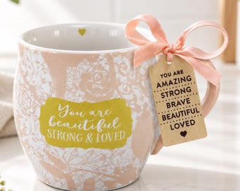 Inspirational Floral Ceramic Mug, You are Strong Gift, Blush Boho Coffee Cup