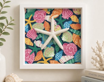 Seashell Shadow Box Wall Art, Custom Background, Coastal Beach House Decor