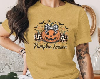 Rutig pumpasäsongst-t-shirt, Halloween höstt-t-shirt, Jack-O'-Lantern-topp