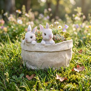 May include: A beige textured planter shaped like a fabric sack containing two small white rabbit figurines and several green succulents. The rabbits have pink-tinted ears and noses, and the planter is filled with small white and purple flowers.