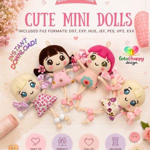 May include: Four plush mini dolls with embroidered faces, yarn hair, and fabric dresses featuring floral patterns. The dolls have bead-accented limbs and ribbons. Text includes DOLLS COLLECTION, CUTE MINI DOLLS, INSTANT DOWNLOAD, and file formats.