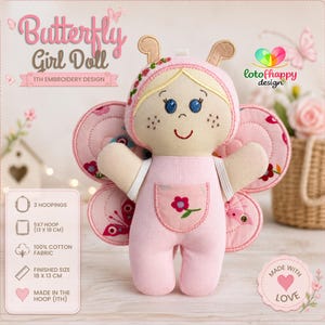 May include: A plush doll featuring a butterfly theme with pink wings, a light pink outfit with a floral pocket, and a hood with antennae. The doll has embroidered facial features, blonde hair, and freckles. Text includes Butterfly Girl Doll, 18 x 13 cm.