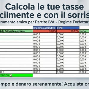 Può includere: Interfaccia di calcolatore finanziario in italiano con una tabella che mostra i calcoli delle tasse. L'interfaccia include una calcolatrice, grafici e il testo "Calcola le tue tasse facilmente e con il sorriso!"