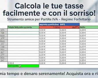 Calcolo Tasse Forfettario Excel + Guida Fiscale PDF | Gestione Partita IVA Freelance | Simulatore Tasse & Scadenze | Commercialista