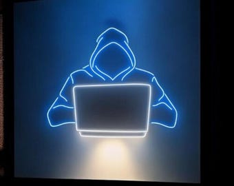 Hacker Neon LED Wall Light – Cyberpunk Hooded Figure Sign for Tech Rooms, Gamer Decor, Programmer Gift, Modern Blue LED Wall Art christmast