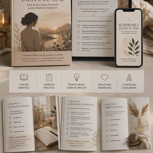 May include: A collection of materials related to personal development and relationships. Includes a book, tablet, and smartphone, all displaying the title "Schimbarea Incepe Cu Tine" (Change Starts With You). The layout features text, graphics, and a neutral color palette.
