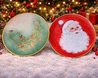 Świąteczne talerze w stylu vintage z motywem Świętego Mikołaja i Ostrokrzewu | Dekoracja świąteczna ze złotymi wykończeniami