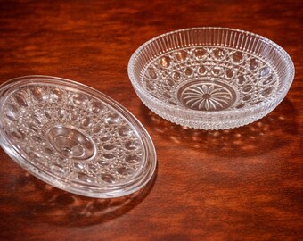 Vintage Pressed Glass Candy Dish with Lid, Divided Crystal Serving Bowl