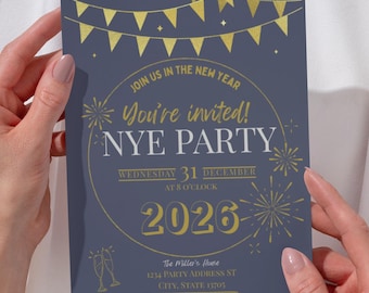 New Year’s Eve Party Invitation Template | Editable NYE Invite | Gold  New Years Eve Celebration | Instant Download | Canva Template