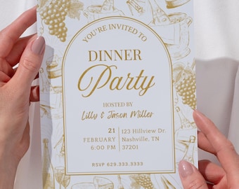 Elegant Dinner Party Invitation Template • Wine & Cheese Party Invite • Gold Vintage Printable Invitation •  Digital Download