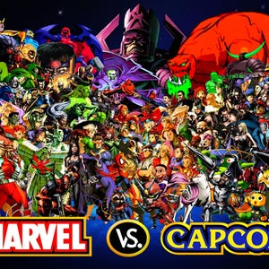 May include: A colorful digital illustration featuring a large ensemble of Marvel and Capcom characters arranged in a dense collage. At the bottom, the text MARVEL VS. CAPCOM is displayed in bold, stylized lettering against a dark blue background.