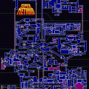 May include: A detailed map of the Super Metroid game, showing a complex network of interconnected rooms and corridors. The map is mainly blue with purple highlights, set against a dark grid background. The game's logo is displayed.