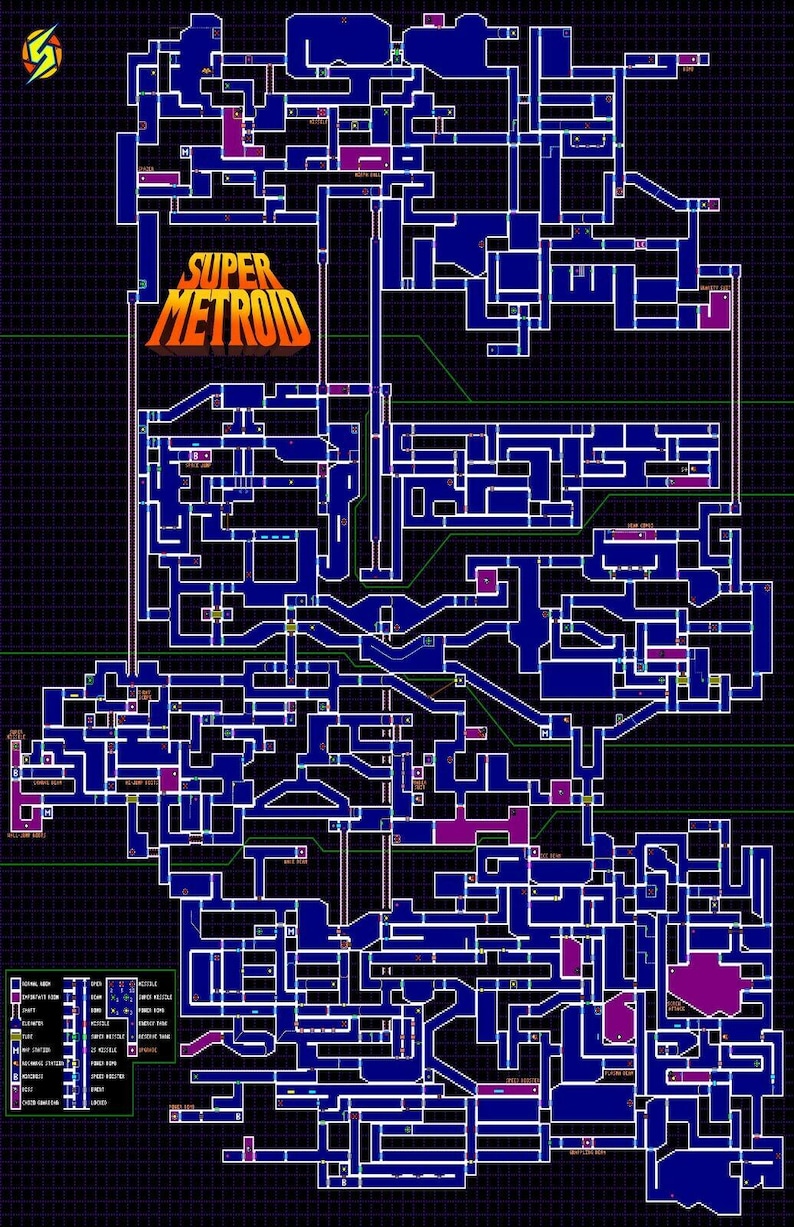 May include: A detailed map of the Super Metroid game, featuring a complex network of interconnected rooms and corridors. The map is primarily blue with purple highlights, set against a dark grid background. The game's logo is prominently displayed.