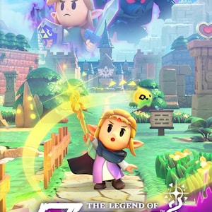 May include: Promotional image for "The Legend of Zelda: Echoes of Wisdom" video game. Features a cartoon-style illustration of characters in a fantasy setting. The title is prominently displayed with a purple and white color scheme.