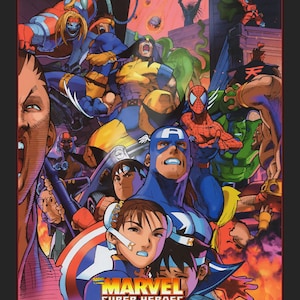 May include: A vibrant comic book style poster for Marvel Super Heroes vs. Street Fighter featuring a chaotic battle scene with characters like Wolverine, Captain America, Spider-Man, and Chun-Li. The title text is displayed at the bottom.