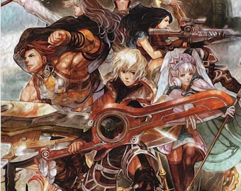 May include: An action-packed digital painting featuring a group of anime-style characters, each wielding weapons like swords and guns. The artwork has a fantasy theme with a muted color palette, showcasing dynamic poses and detailed armor.