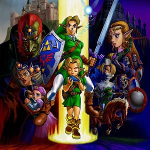 May include: A digital illustration featuring characters from a fantasy video game. The central figures are clad in green, holding a sword and shield. A beam of light divides the scene, with a castle and dark figures on either side. The color palette includes green, blue, red, and gold.