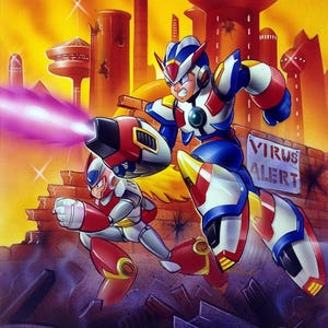 Könnte beinhalten: Illustration von zwei Roboterfiguren in Aktion, vor einer futuristischen Stadtlandschaft mit feurigem Himmel. Die Figuren tragen rot-weiß-blaue Rüstungen, eine feuert einen violetten Energiestrahl ab. Ein Schild zeigt "VIRUS ALERT".