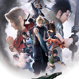 Peut inclure: Une affiche promotionnelle pour Final Fantasy VII Revelation présentant un groupe central de personnages dont Cloud Strife, Sephiroth, Aerith, Tifa et d'autres sur un ciel nuageux, avec le titre du jeu affiché en bas de l'image.